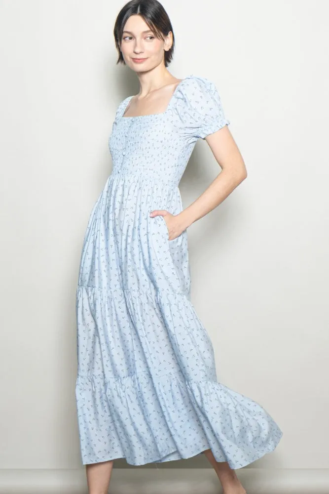 Light Blue Tiny Floral Smocked Puff Sleeve Maxi Dress sold by Pinkblush product image thumbnail 2