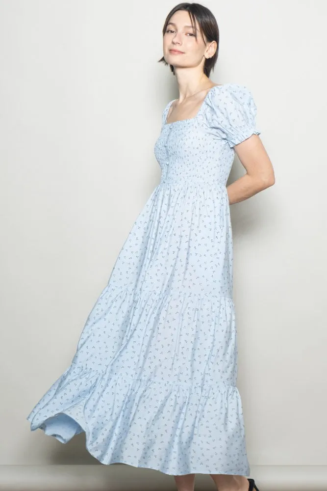 Light Blue Tiny Floral Smocked Puff Sleeve Maxi Dress sold by Pinkblush product image thumbnail 3