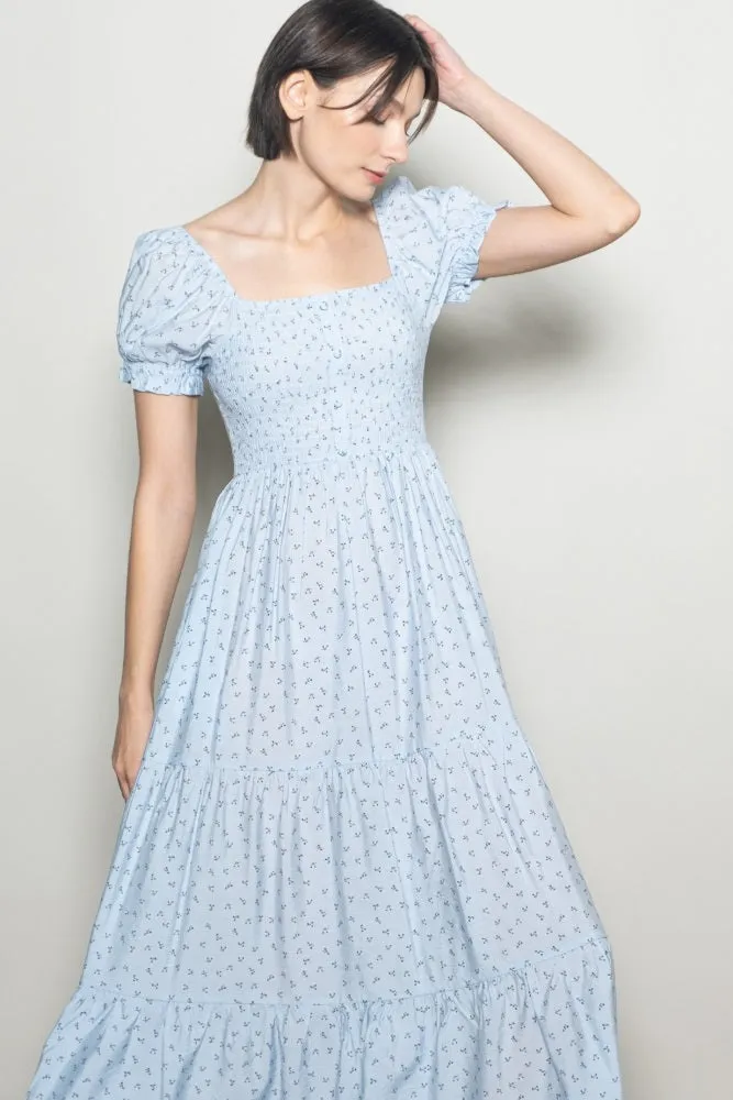 Light Blue Tiny Floral Smocked Puff Sleeve Maxi Dress sold by Pinkblush product image thumbnail 4