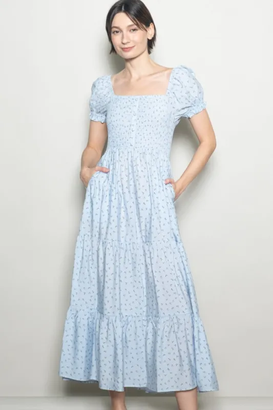 Light Blue Tiny Floral Smocked Puff Sleeve Maxi Dress made by Pinkblush
