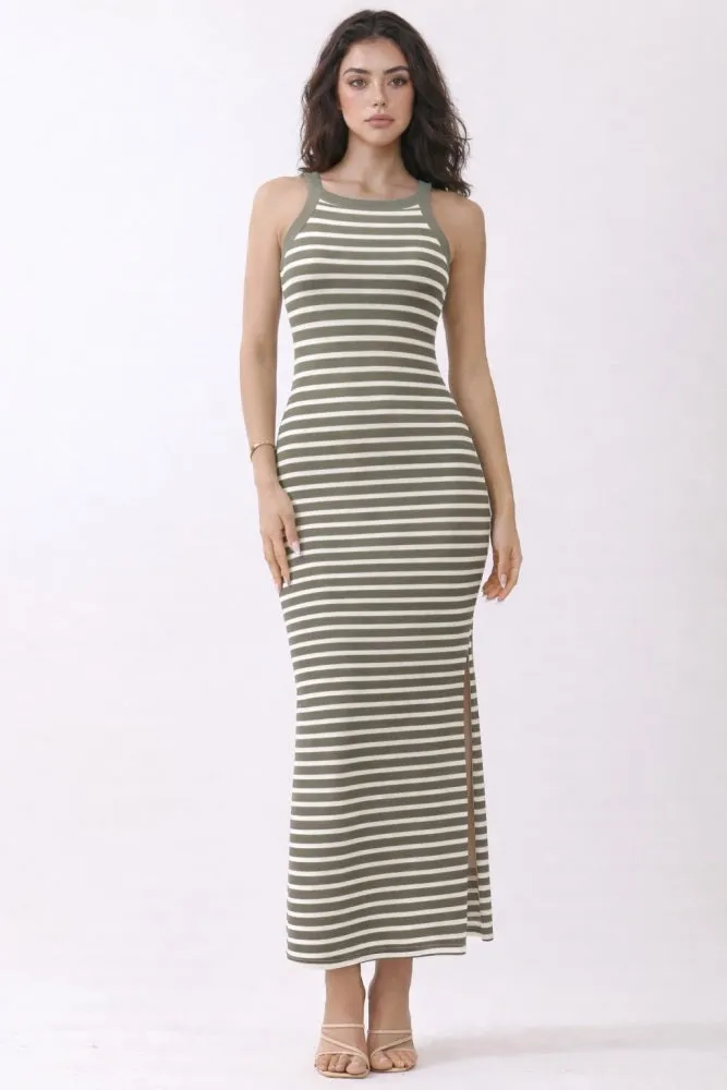 Faded Olive Striped High Neck Ribbed Maxi Dress sold by Pinkblush