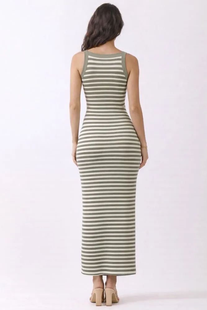 Faded Olive Striped High Neck Ribbed Maxi Dress sold by Pinkblush product image thumbnail 3