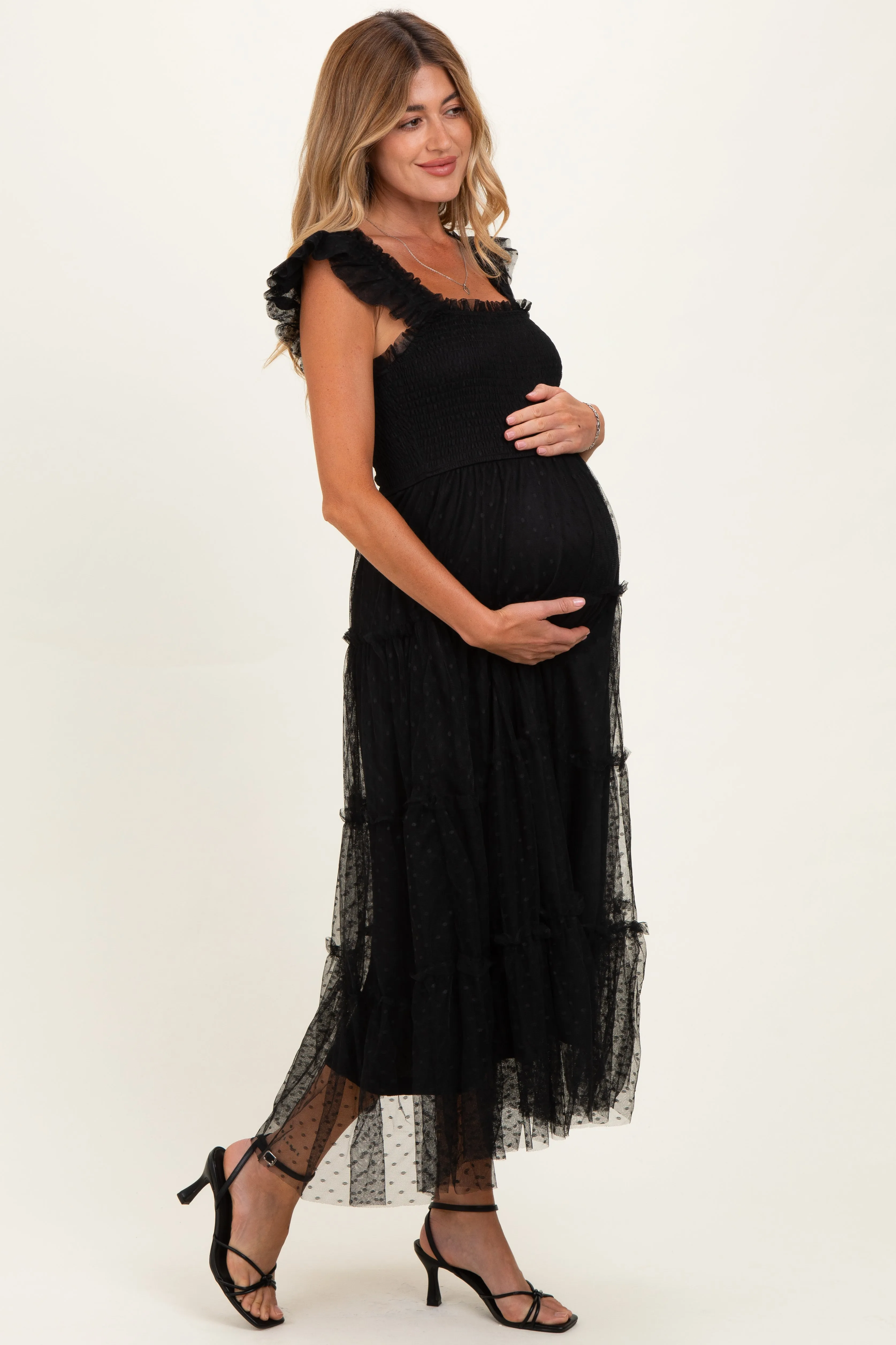 Black Smocked Polka Dot Tulle Maternity Midi Dress sold by Pinkblush product image thumbnail 2