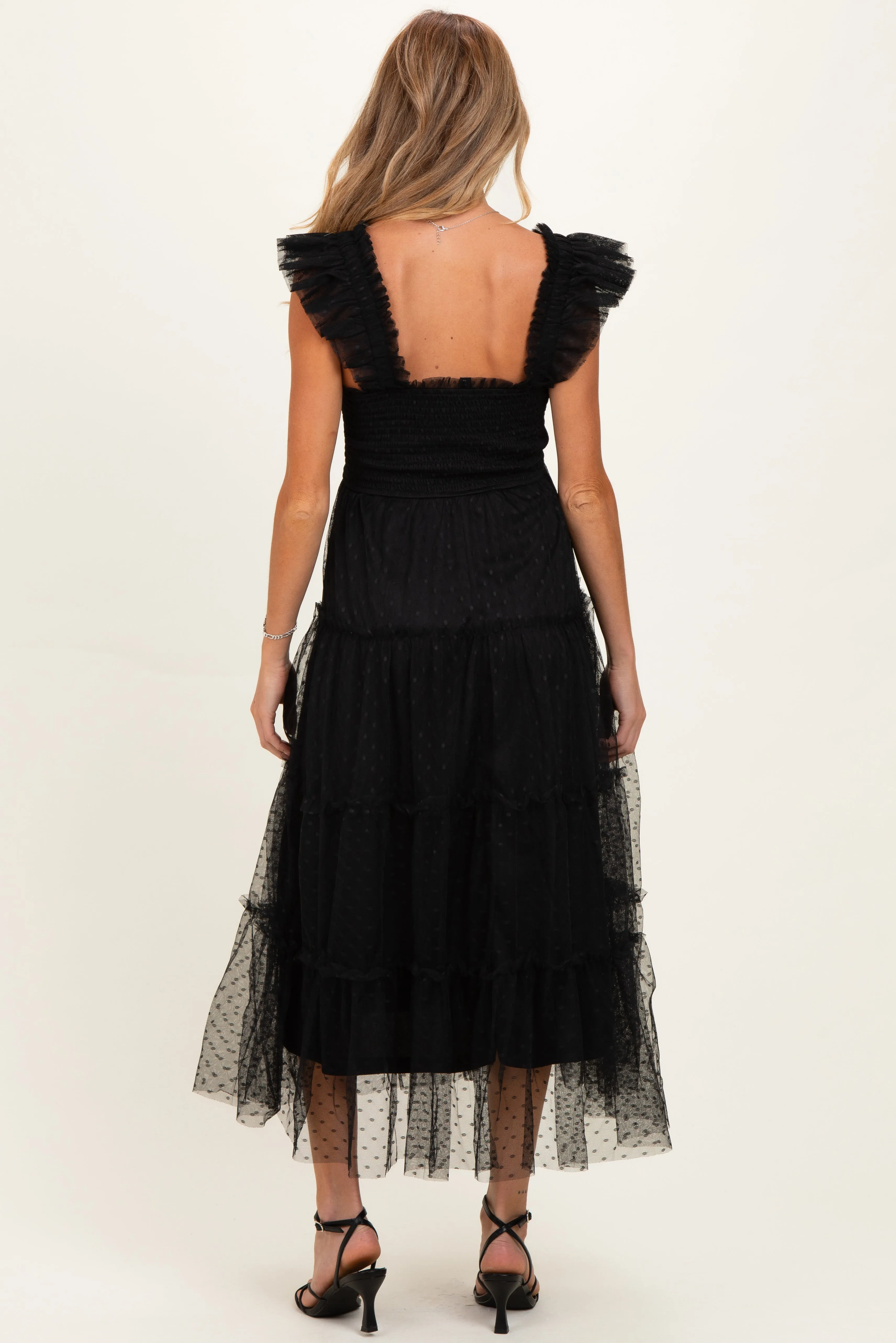Black Smocked Polka Dot Tulle Maternity Midi Dress sold by Pinkblush product image thumbnail 3