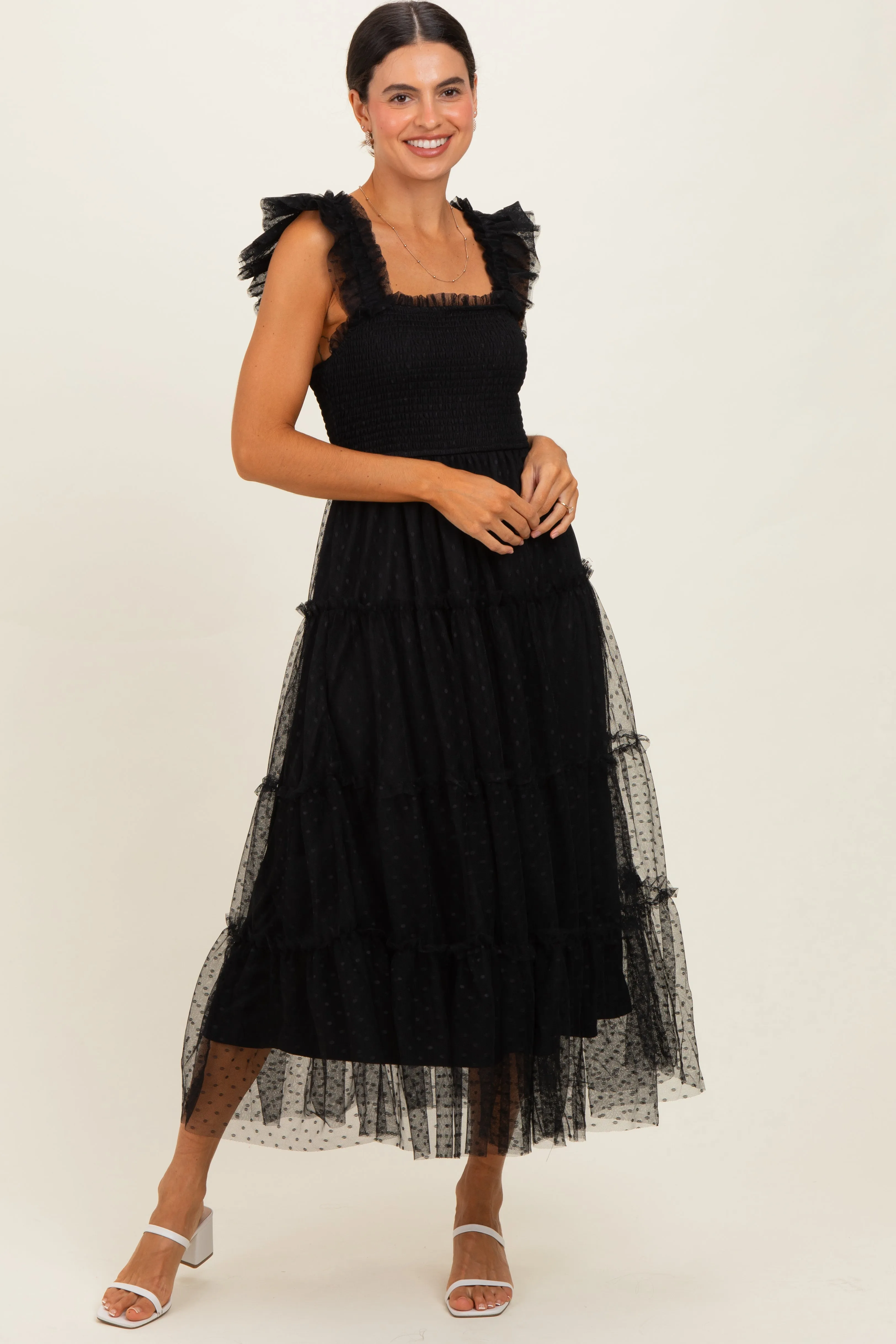 Black Smocked Polka Dot Tulle Maternity Midi Dress sold by Pinkblush product image thumbnail 4