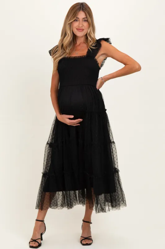 Black Smocked Polka Dot Tulle Maternity Midi Dress made by Blu Pepper