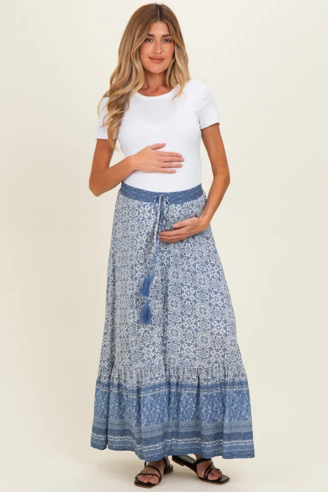 Blue Boho Print Drawstring Smocked Waist Maternity Maxi Skirt sold by Pinkblush