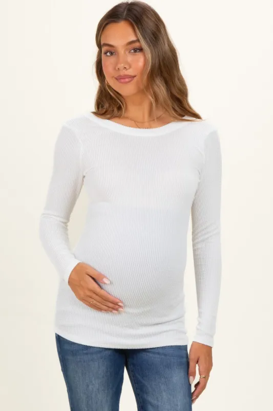 White Ribbed Scoop Neck Long Sleeve Maternity Top made by Pinkblush