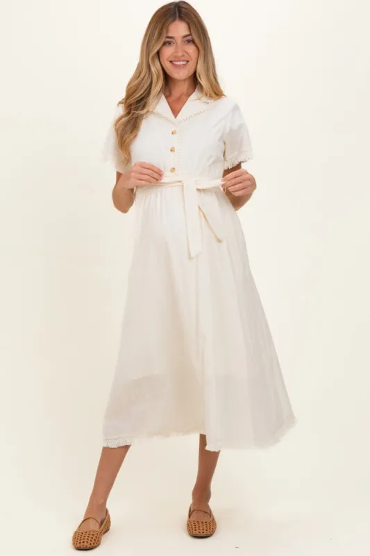 Beige Button Down Frayed Maternity Midi Dress made by Polagram