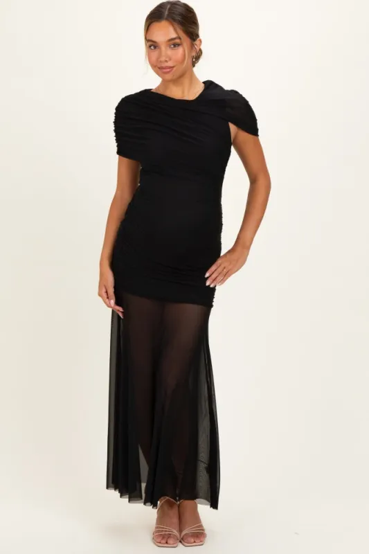 Black Draped Bodice Ruched Mesh Maternity Maxi Dress made by Lalavon