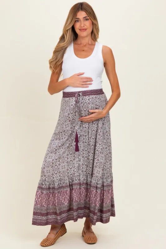Rose Boho Print Drawstring Smocked Waist Maternity Maxi Skirt made by Bluivy