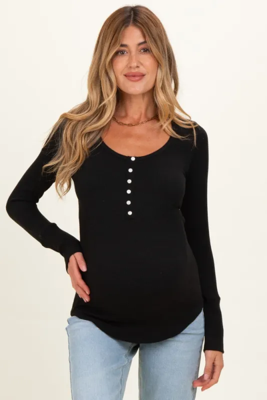 Black Ribbed Henley Maternity Top made by Pinkblush