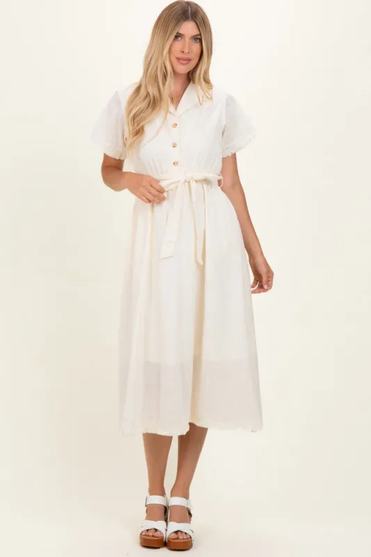 Beige Button Down Frayed Midi Dress made by Polagram