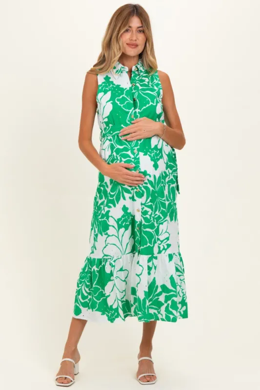 Green Floral Belted Sleeveless Maternity Shirt Dress made by entro
