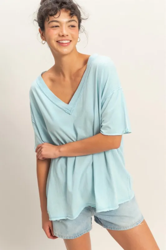 Light Blue Washed V-Neck Oversized Tee made by HYFVE