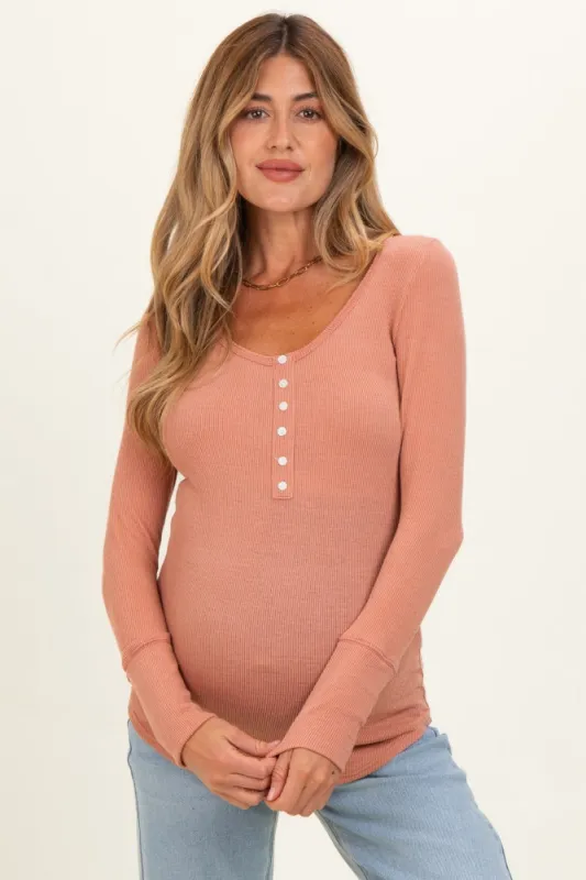 Peach Ribbed Henley Maternity Top made by Pinkblush