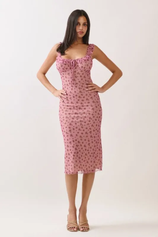 Smoke Rose Mesh Front Tie Midi Dress made by Pinkblush