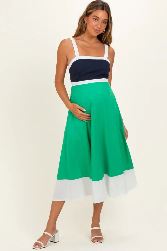 Navy Green Colorblock Sleeveless Maternity Midi Dress sold by Pinkblush