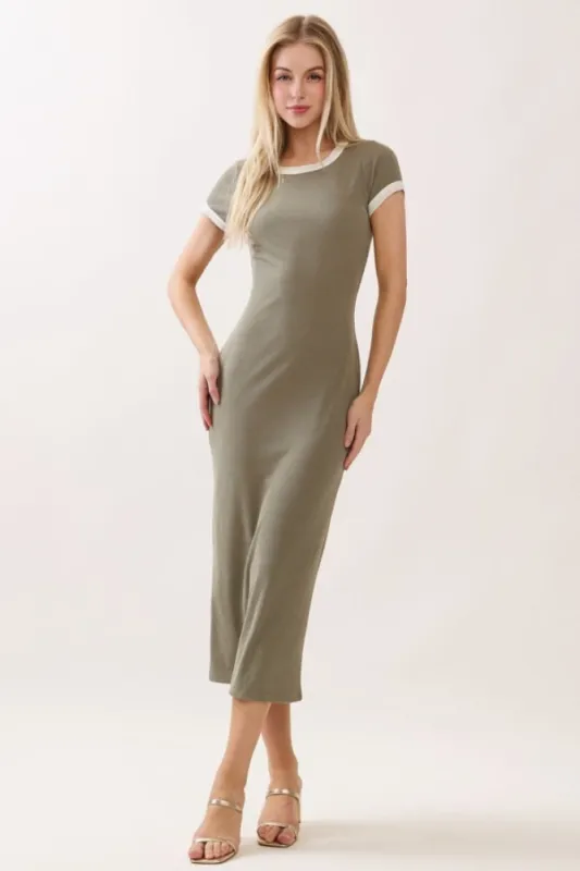 Faded Olive Colorblock Trim Midi Dress made by Pinkblush