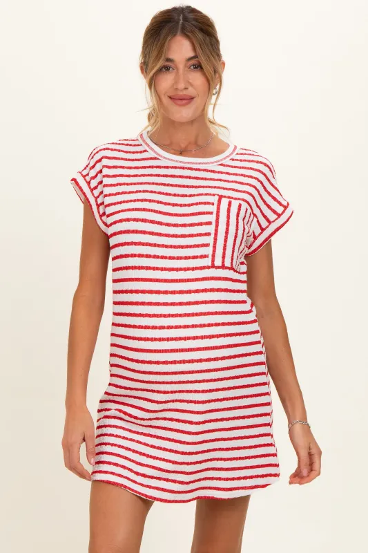 Red Textured Stripe Knit Maternity T-Shirt Dress made by Blu Pepper