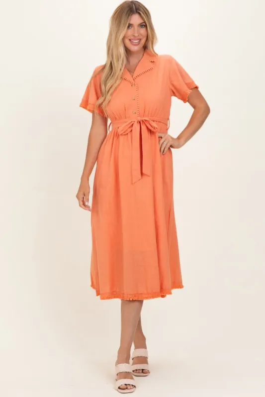 Salmon Button Down Frayed Midi Dress made by Polagram