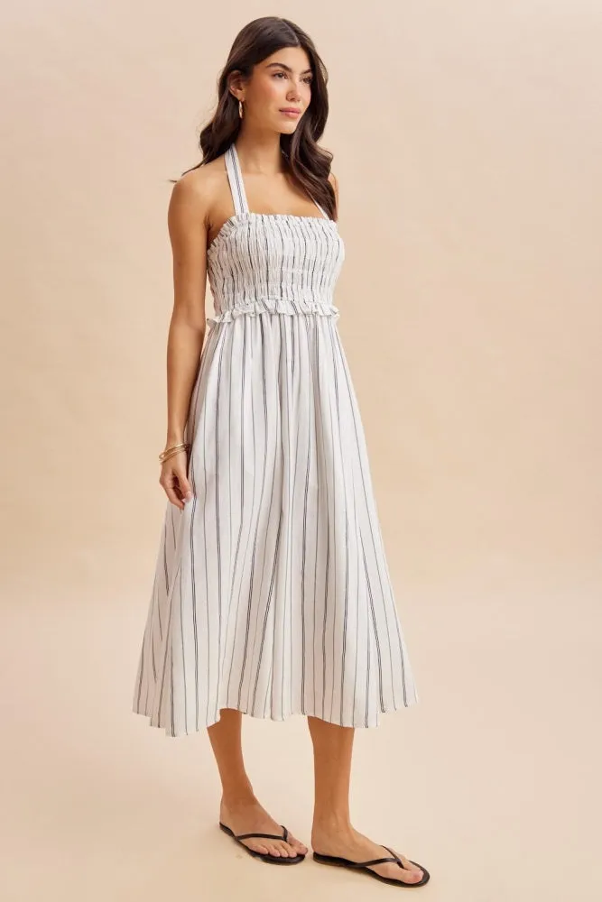Off White Striped Smocked Halter Midi Dress sold by Pinkblush product image thumbnail 3