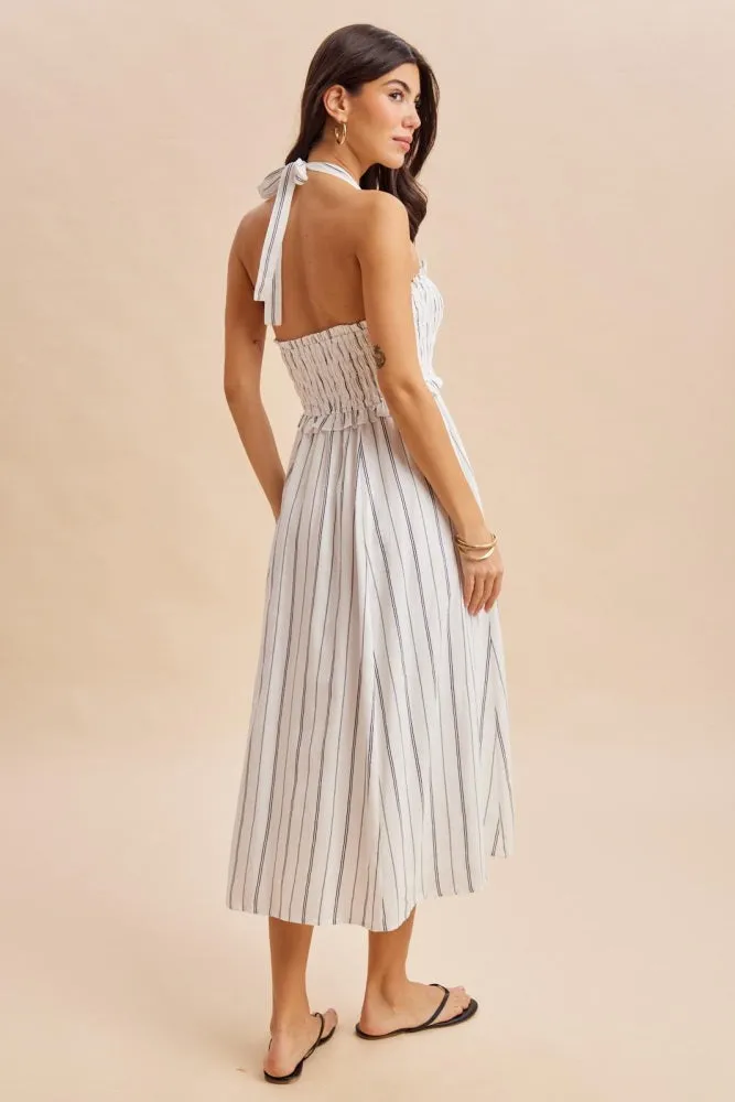 Off White Striped Smocked Halter Midi Dress sold by Pinkblush product image thumbnail 4