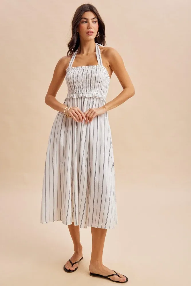 Off White Striped Smocked Halter Midi Dress sold by Pinkblush