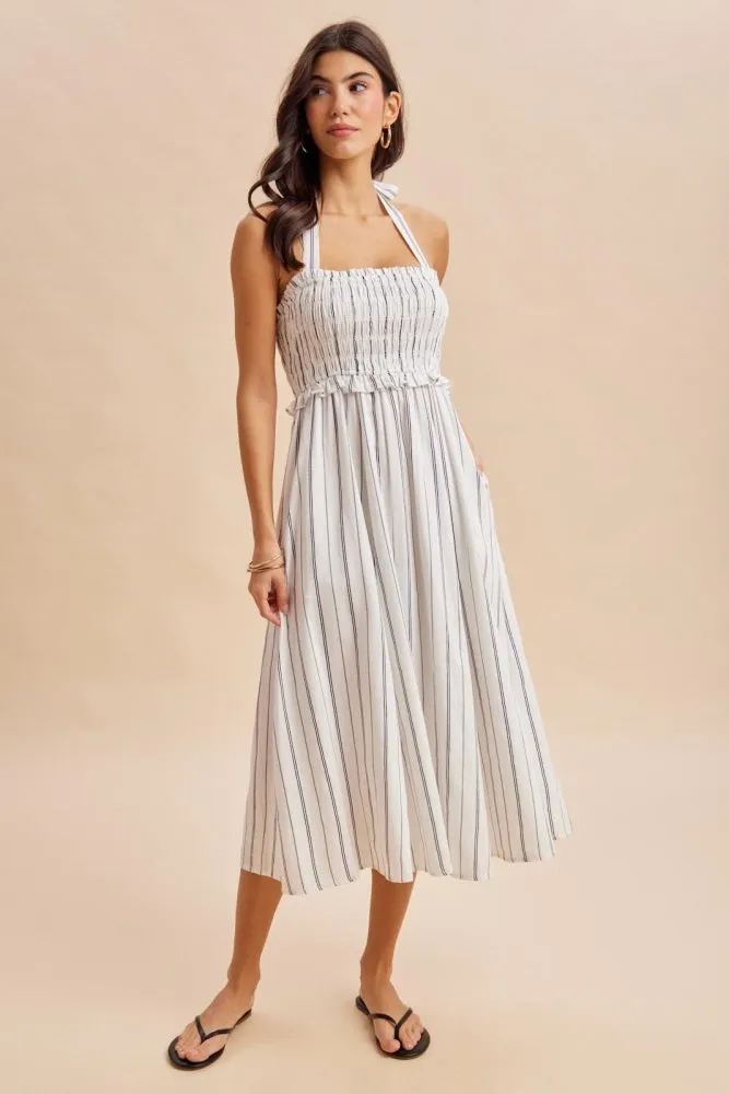 Off White Striped Smocked Halter Midi Dress sold by Pinkblush product image thumbnail 2