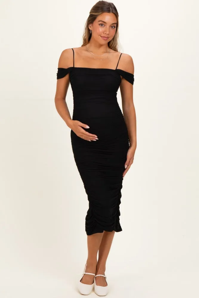 Black Ruched Mesh Off Shoulder Maternity Midi Dress sold by Pinkblush