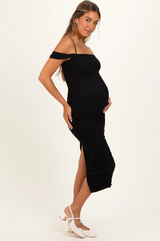 Black Ruched Mesh Off Shoulder Maternity Midi Dress sold by Pinkblush product image thumbnail 2