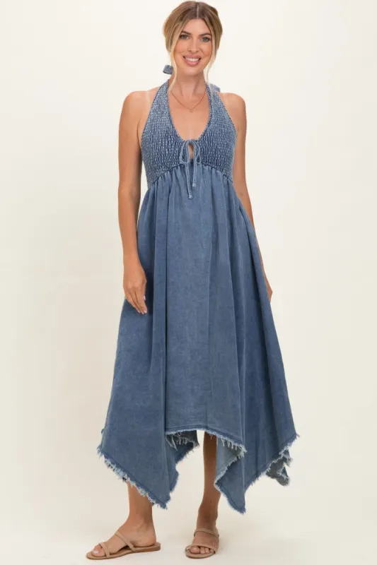 Light Denim Smocked Halter Handkerchief Dress made by Flying Tomato