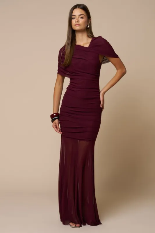 Wine Draped Bodice Ruched Mesh Maxi Dress made by Lalavon