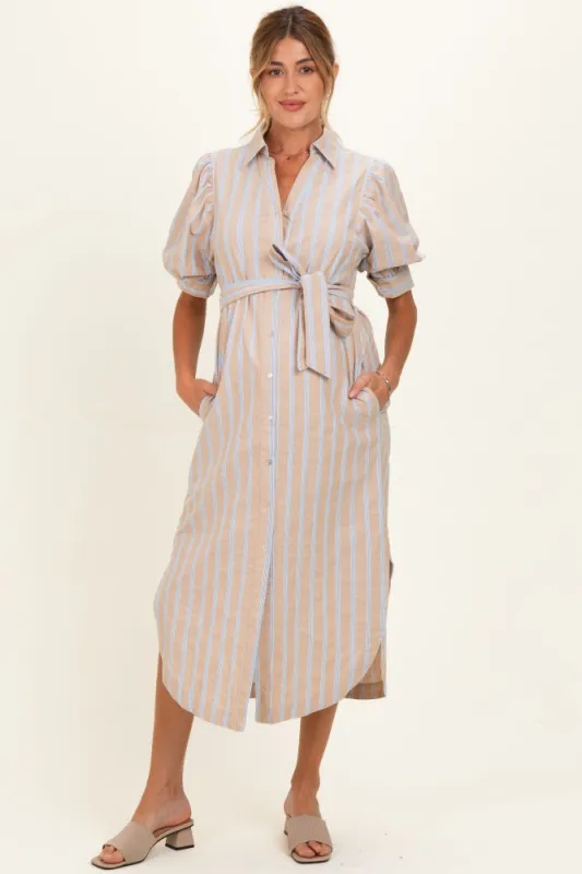 Sand Striped Puff Sleeve Maternity Midi Shirt Dress made by entro