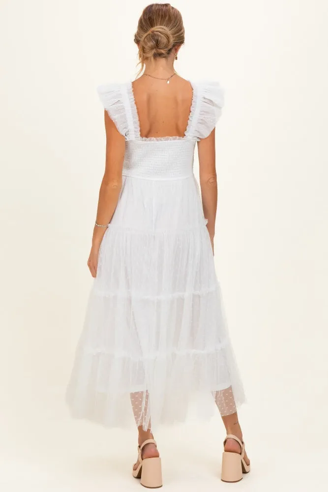 White Smocked Polka Dot Tulle Maternity Midi Dress sold by Pinkblush product image thumbnail 3