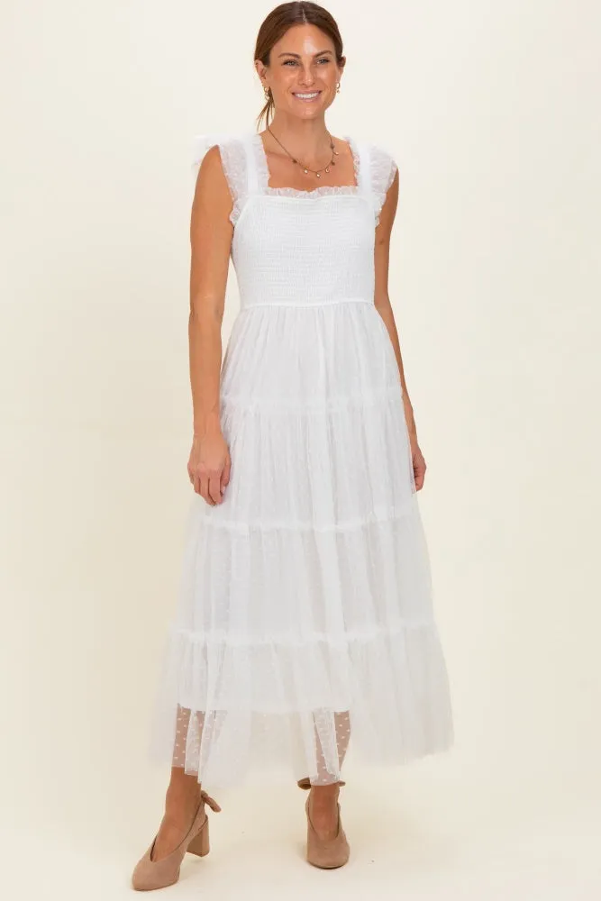 White Smocked Polka Dot Tulle Maternity Midi Dress sold by Pinkblush product image thumbnail 4
