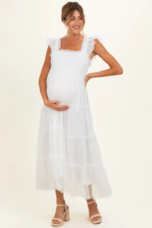 White Smocked Polka Dot Tulle Maternity Midi Dress made by Blu Pepper