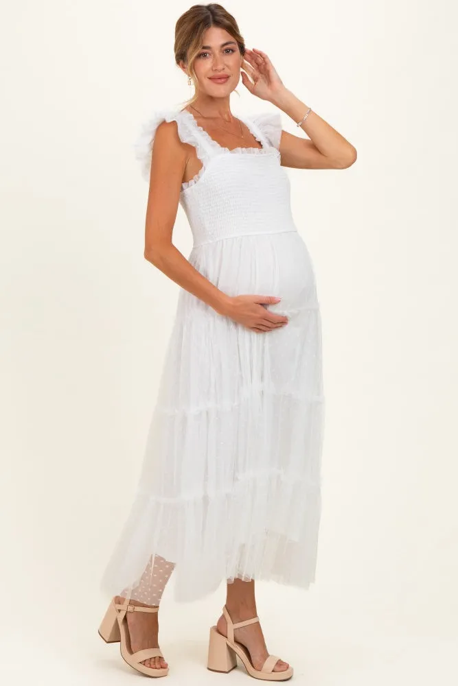 White Smocked Polka Dot Tulle Maternity Midi Dress sold by Pinkblush product image thumbnail 2
