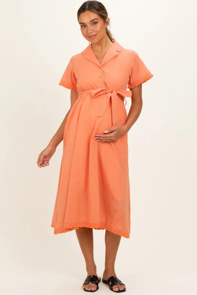 Salmon Button Down Frayed Maternity Midi Dress sold by Pinkblush