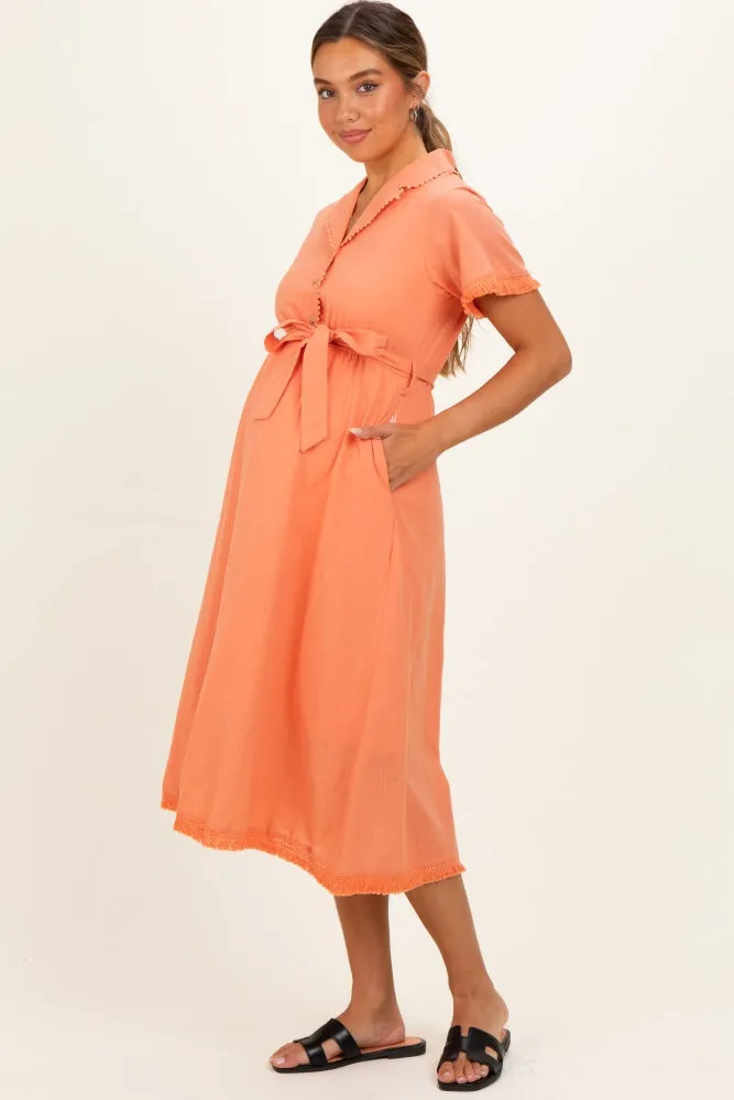 Salmon Button Down Frayed Maternity Midi Dress sold by Pinkblush product image thumbnail 2