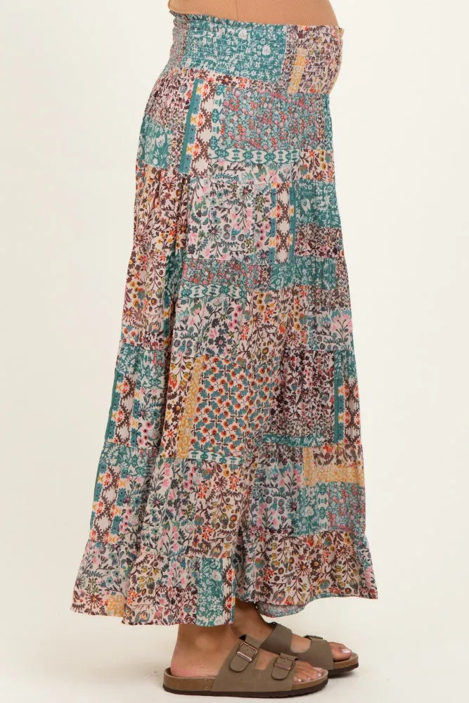 Teal Patchwork Print Smocked Waistband Maternity Maxi Skirt sold by Pinkblush product image thumbnail 3