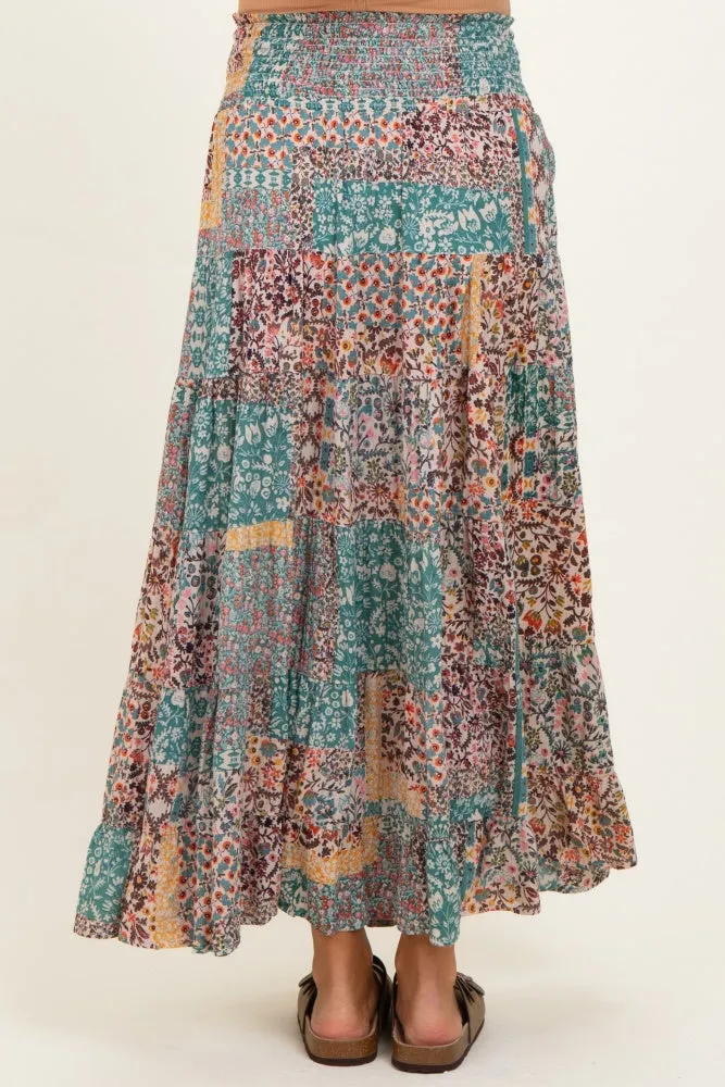 Teal Patchwork Print Smocked Waistband Maternity Maxi Skirt sold by Pinkblush product image thumbnail 4
