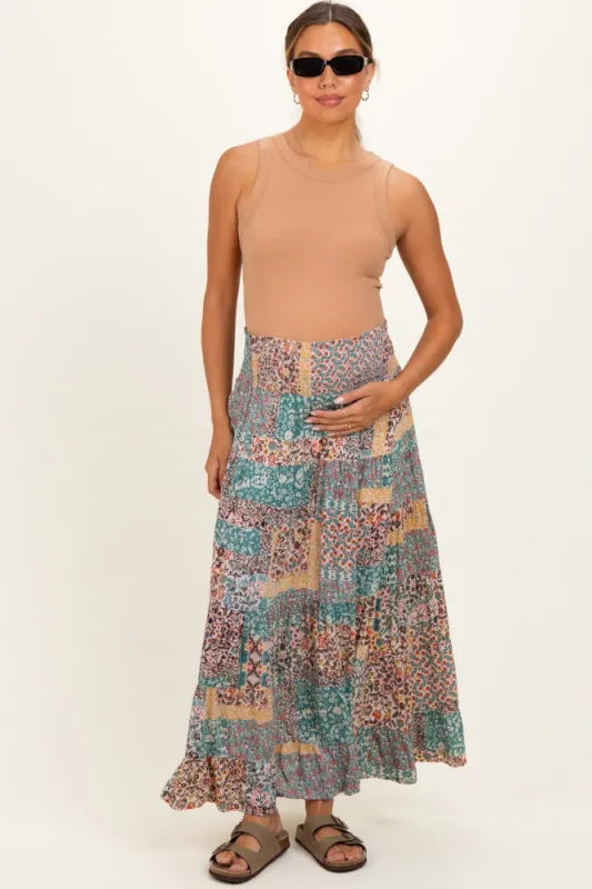 Teal Patchwork Print Smocked Waistband Maternity Maxi Skirt made by Angie