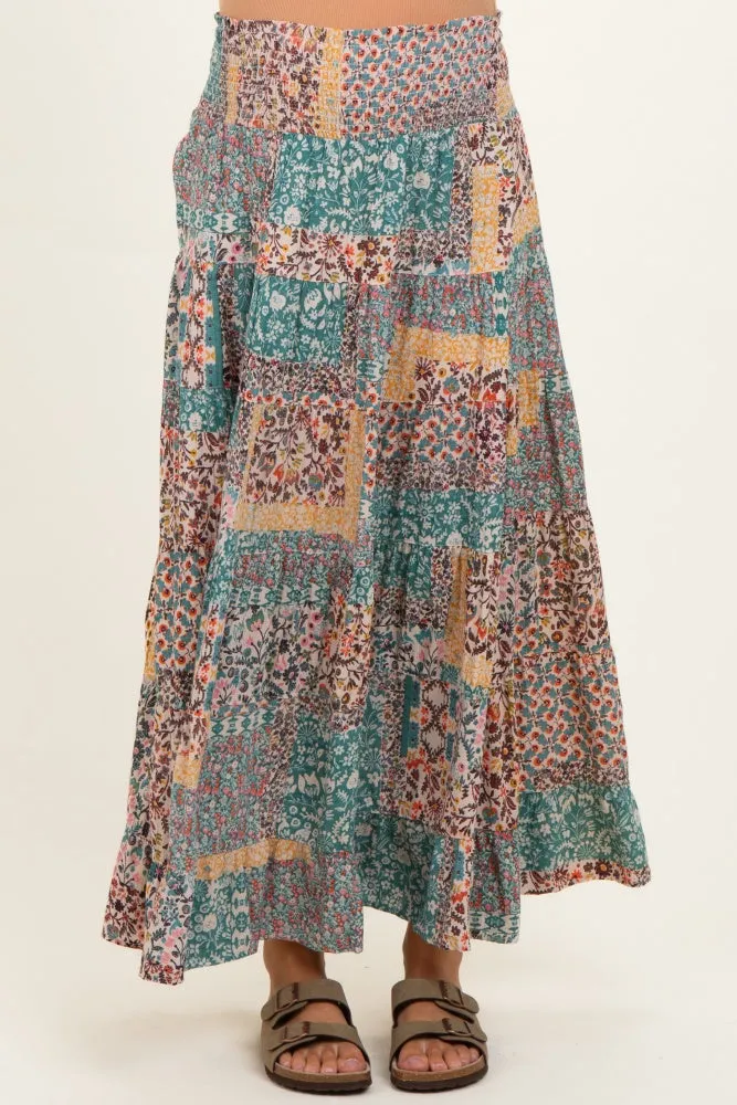 Teal Patchwork Print Smocked Waistband Maternity Maxi Skirt sold by Pinkblush product image thumbnail 2