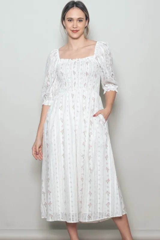 Cream Floral Smocked Midi Dress made by Pinkblush