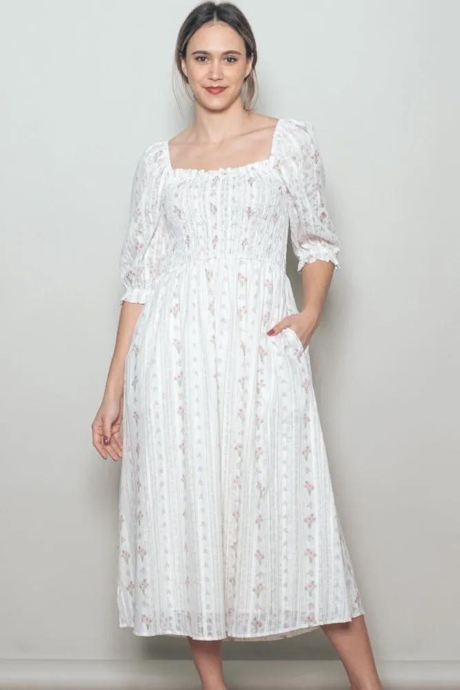 Cream Floral Smocked Midi Dress sold by Pinkblush