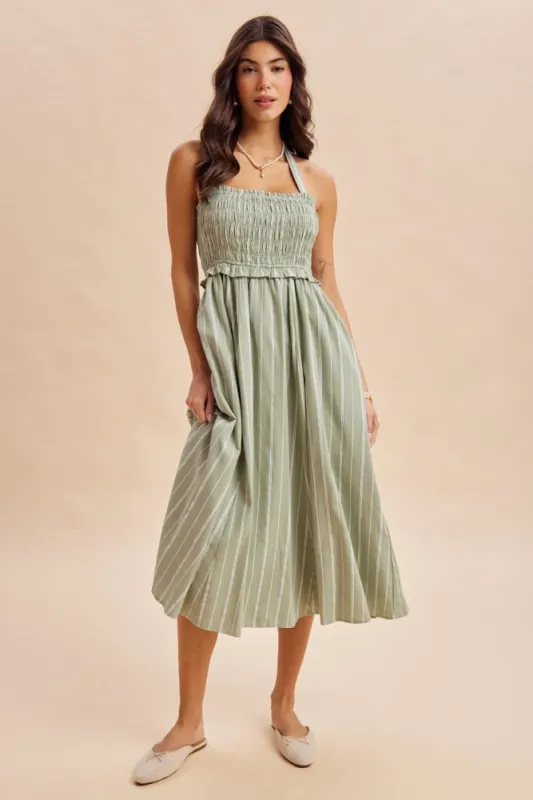 Eucalyptus Striped Smocked Halter Midi Dress made by Inloom
