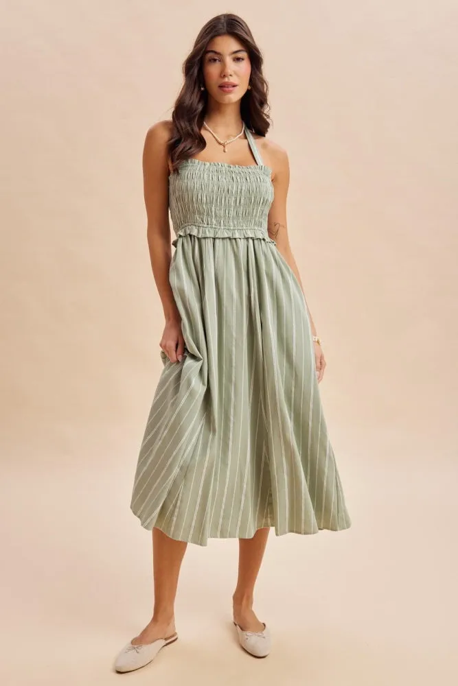 Eucalyptus Striped Smocked Halter Midi Dress sold by Pinkblush