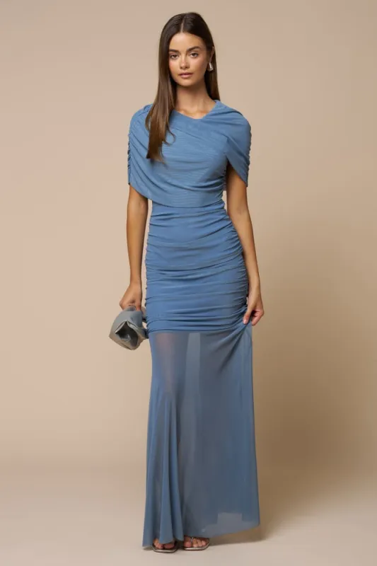 Blue Draped Bodice Ruched Mesh Maxi Dress made by Lalavon