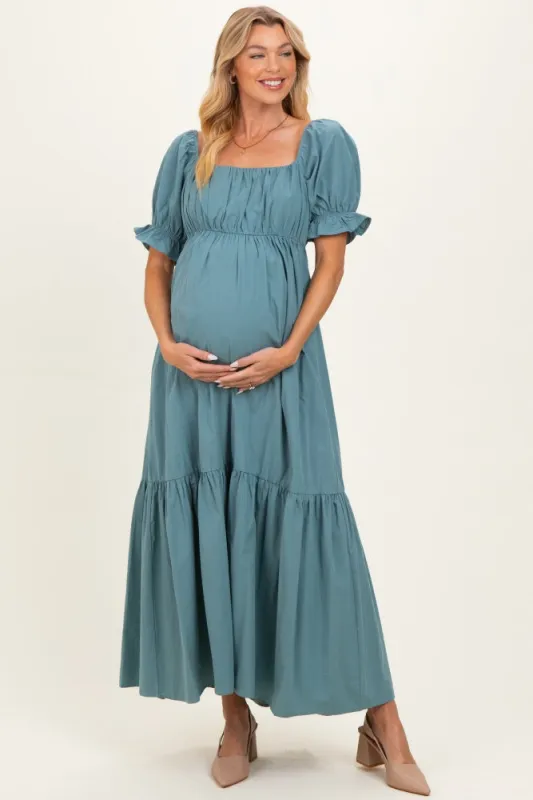 Blue Open Back Ribbon Tie Maternity Maxi Dress made by Pinkblush